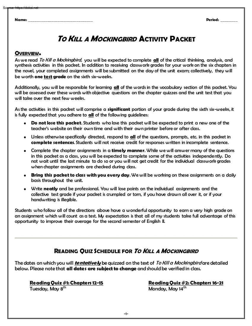 To Kill a Mockingbird, Activity Packet