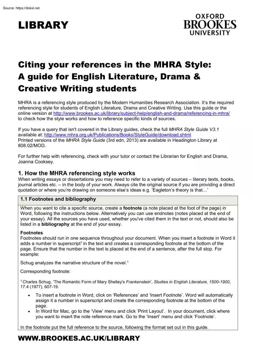 Citing your References in the MHRA Style, A Guide for English Literature, Drama and Creative Writing students