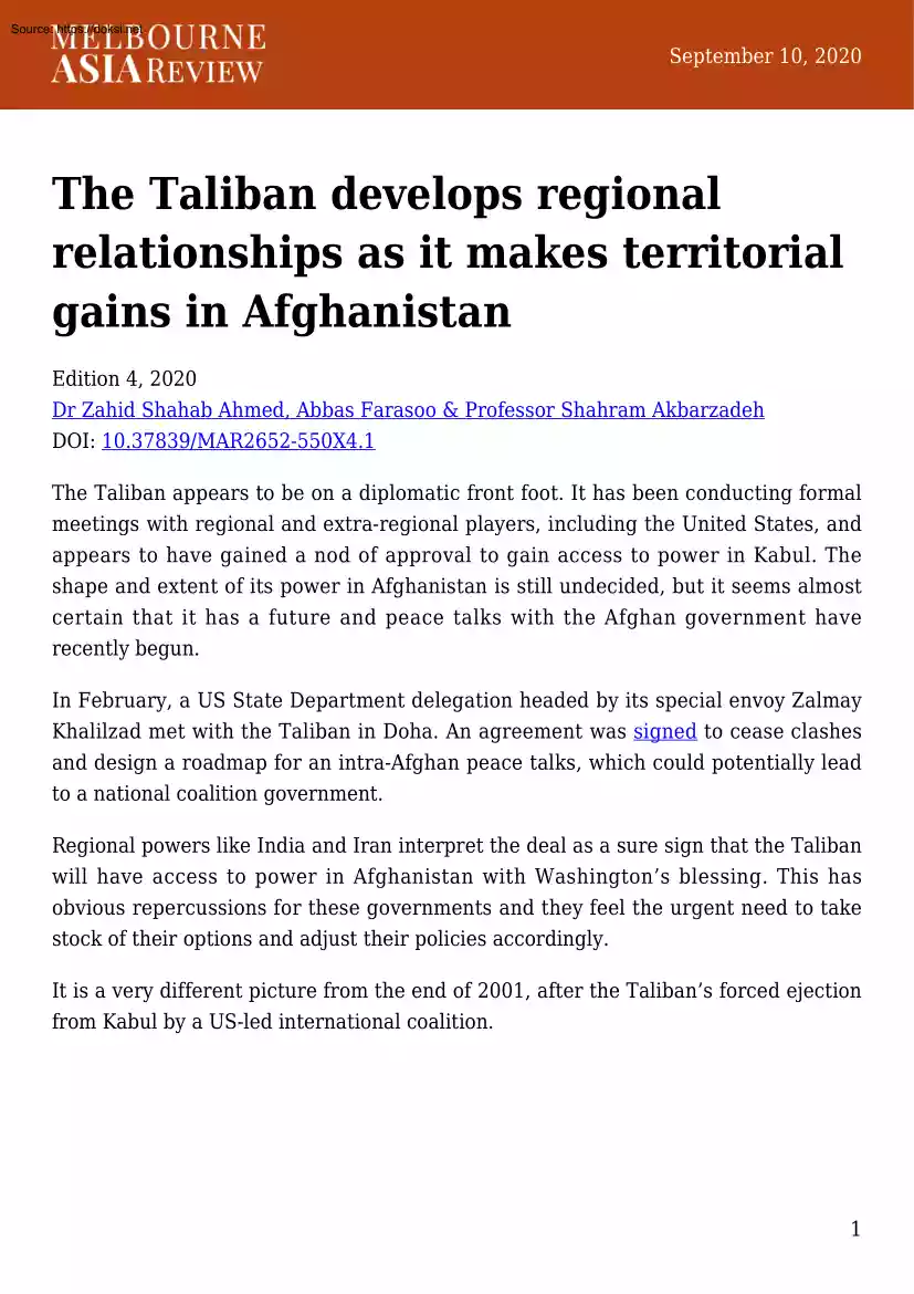 Ahmed-Akbarzadeh - The Taliban Develops Regional Relationship as it Makes Territorial Gains in Afghanistan