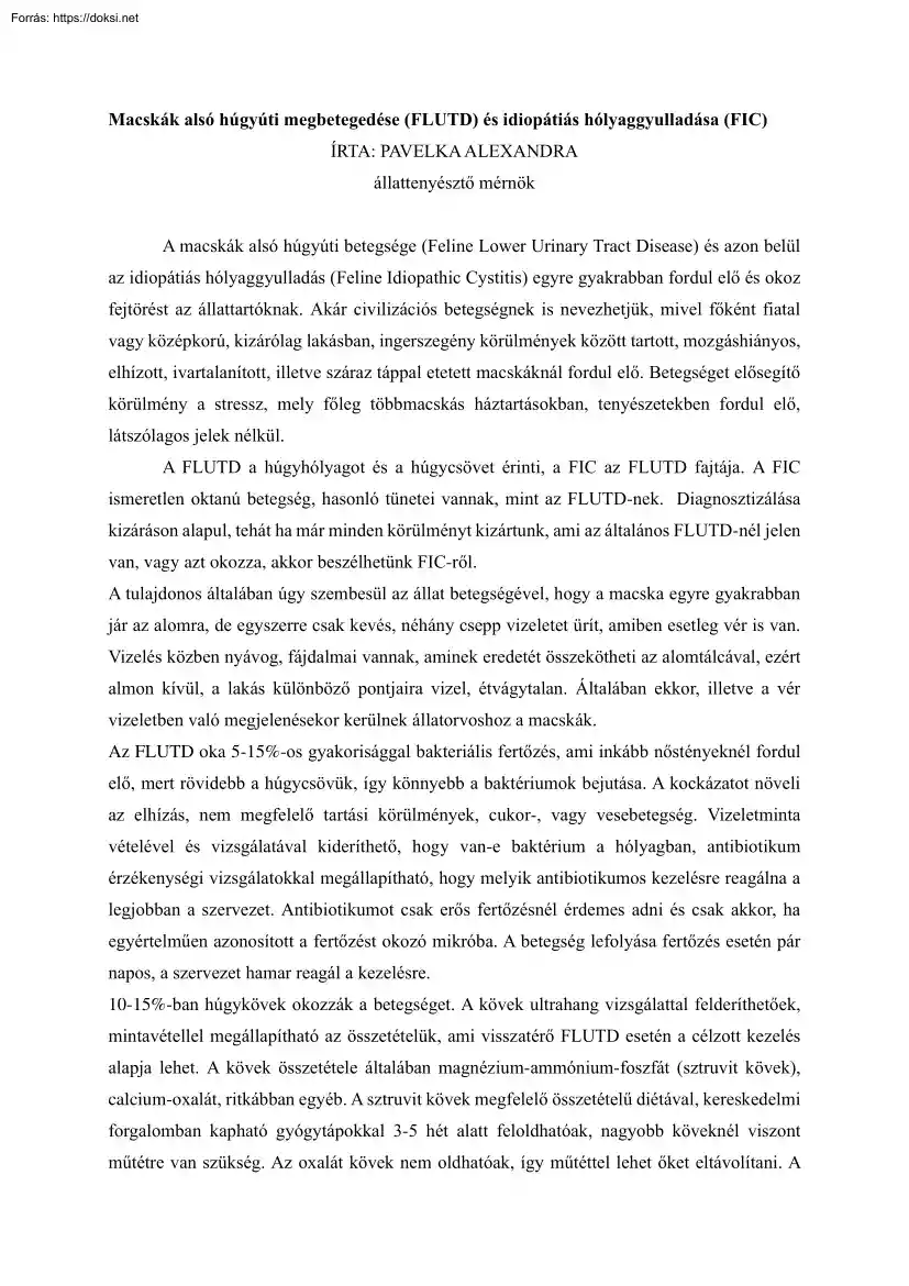Pavelka Alexandra - Macskák alsó húgyúti megbetegedése (FLUTD) és idiopátiás