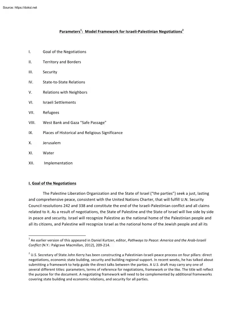 Model Framework for Israeli Palestinian Negotiations