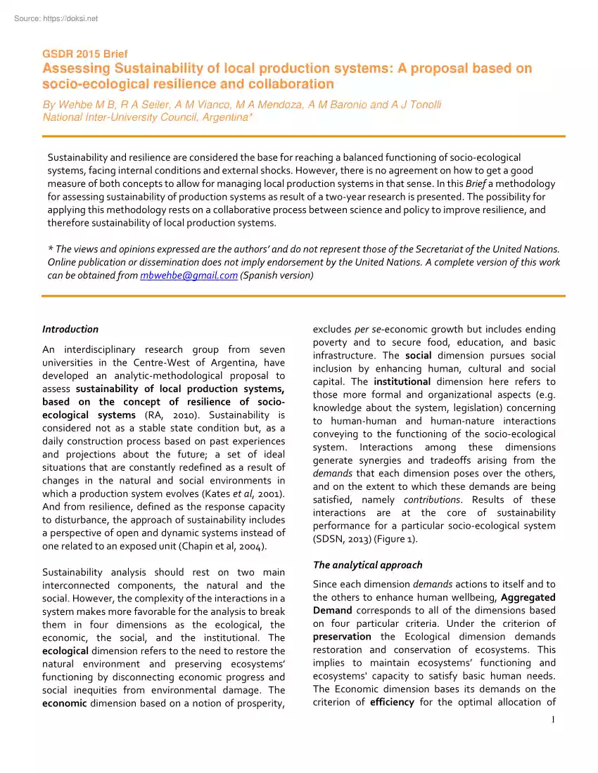 Assessing Sustainability of local production systems, A proposal based on socio-ecological