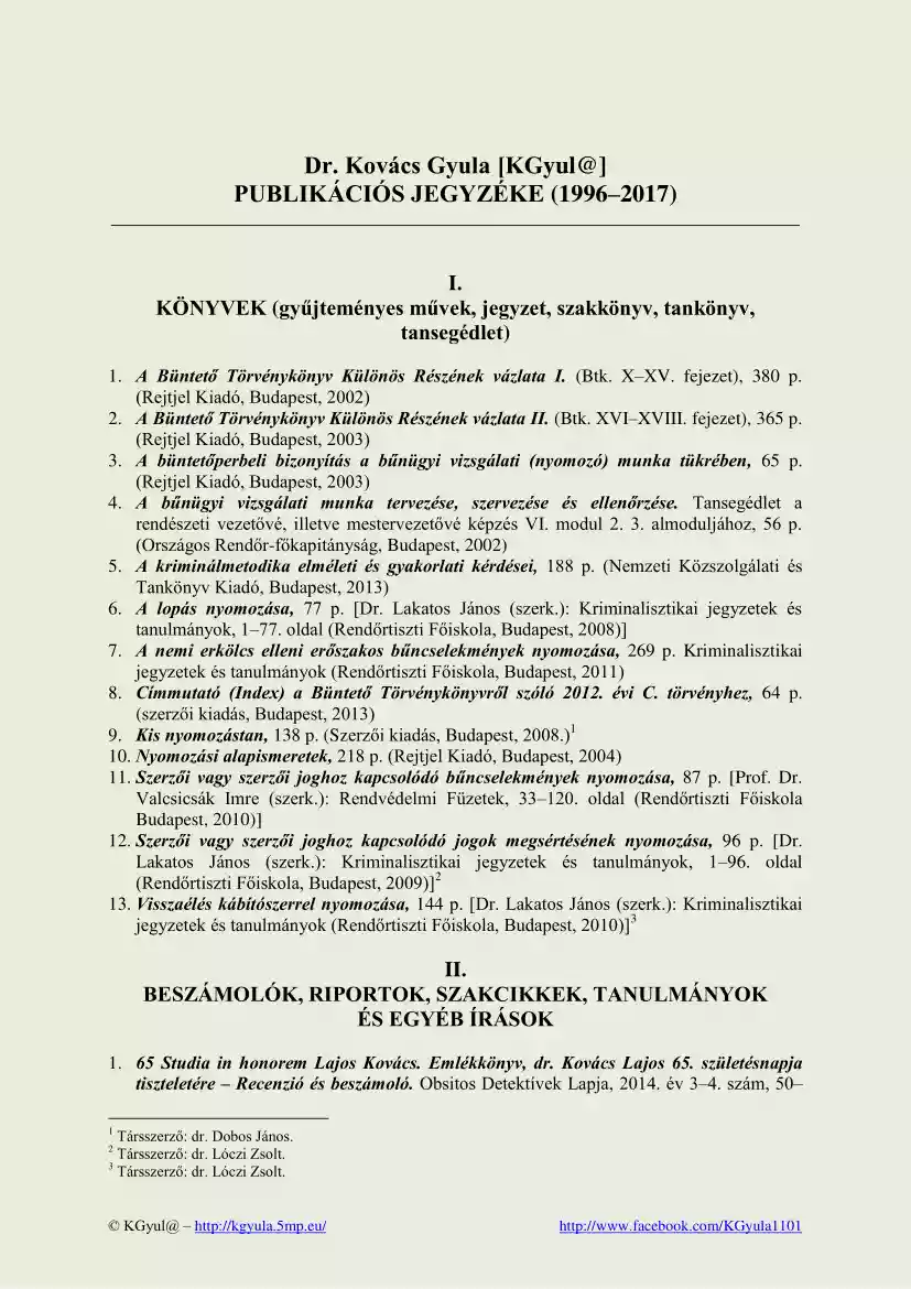 Dr. Kovács Gyula publikációs jegyzéke