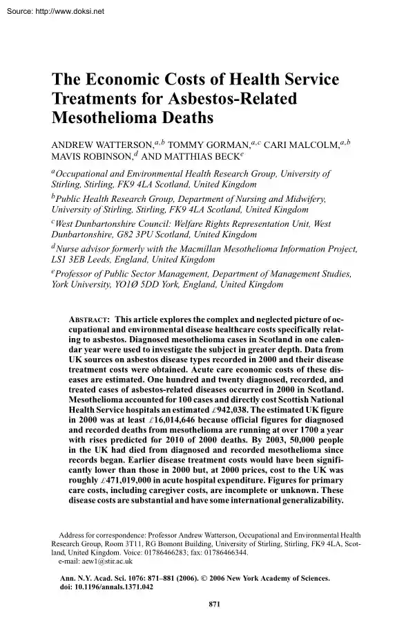 Watterson-Gorman-Robinson - The Economic Costs of Health Service Treatments for Asbestos-Related Mesothelioma Deaths