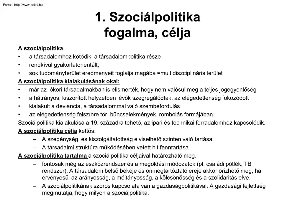 Szociálpolitika fogalma, célja