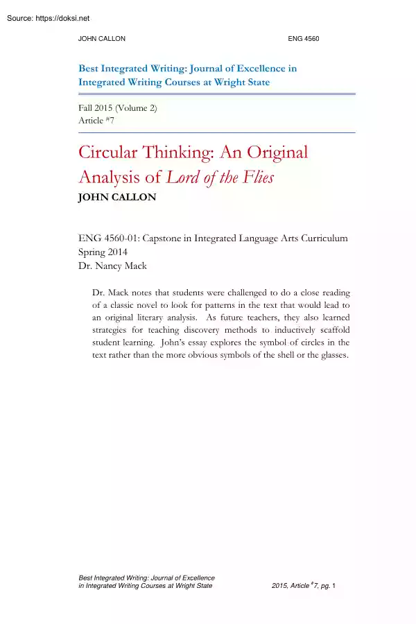 John Callon - Circular Thinking, An Original Analysis of Lord of the Flies