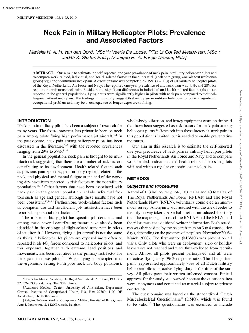 Oord-Loose-Meeuwsen - Neck Pain in Military Helicopter Pilots, Prevalence and Associated Factors