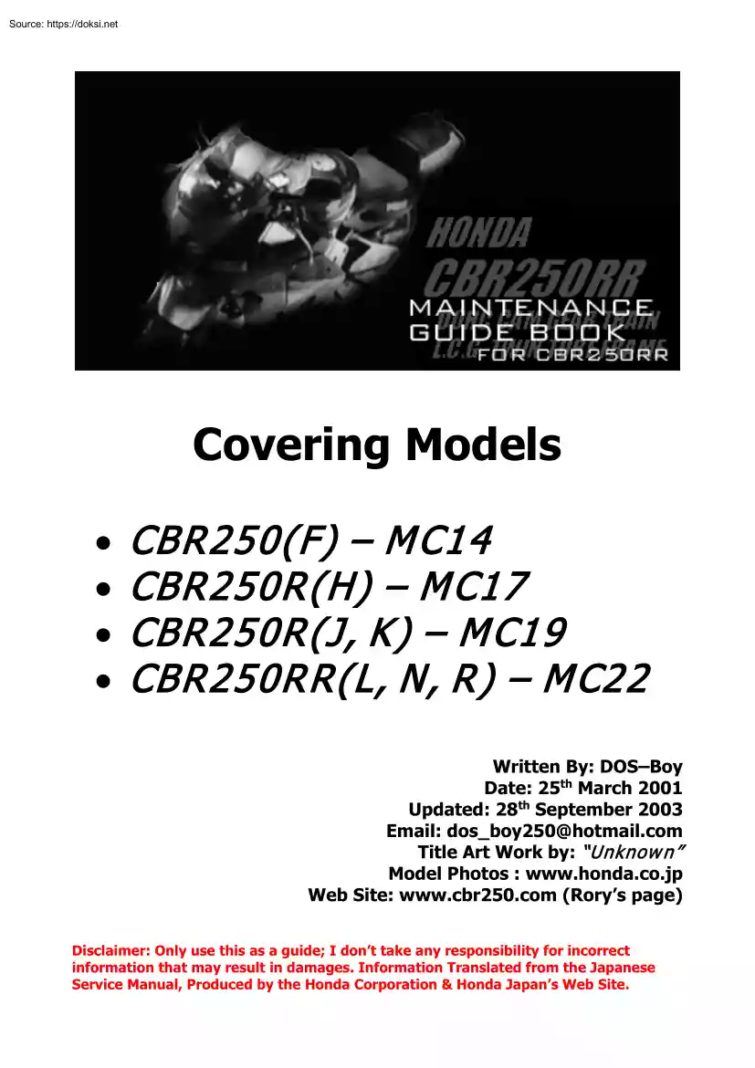 Maintenance Guide Book for CBR250RR