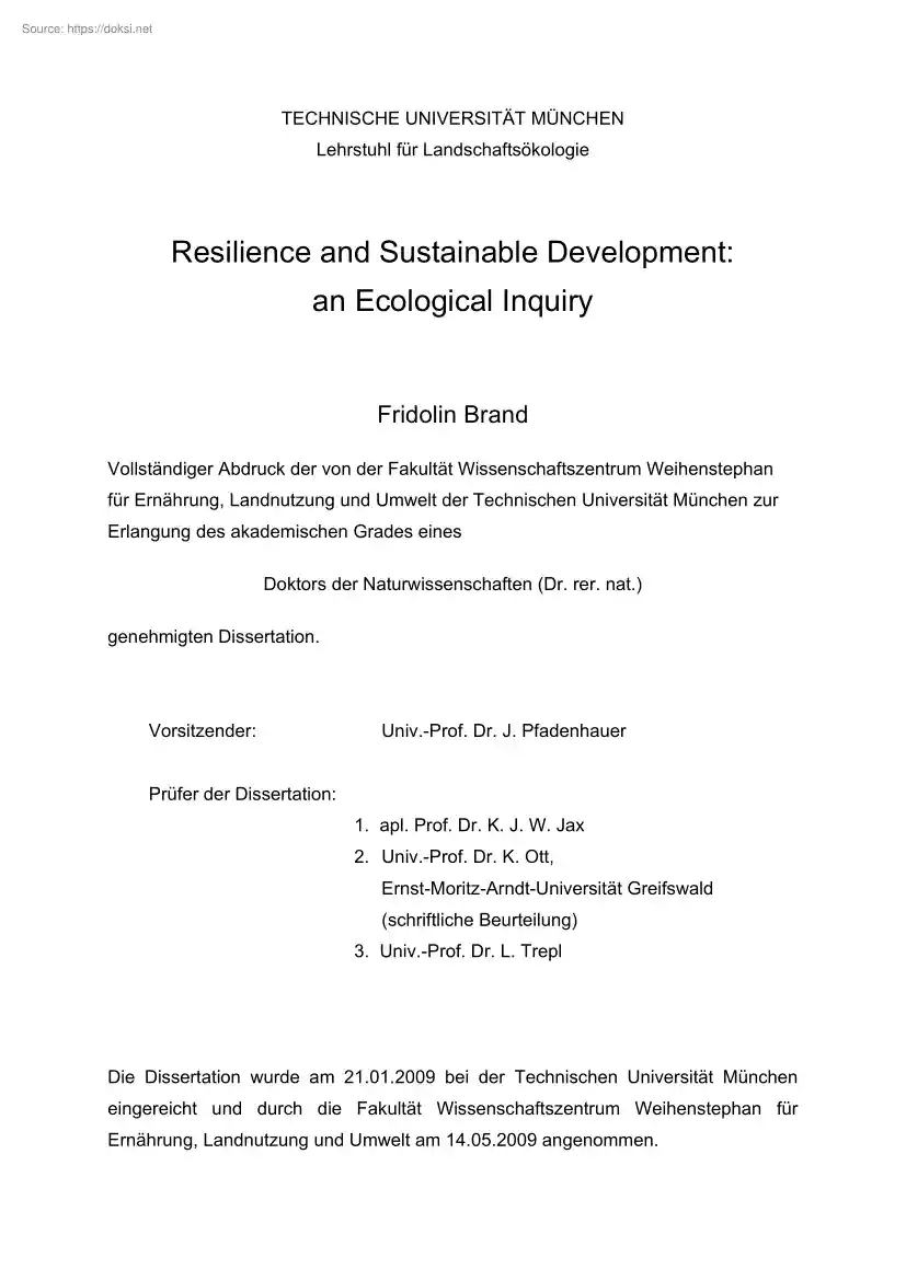 Fridolin Brand - Resilience and Sustainable Development, an Ecological Inquiry