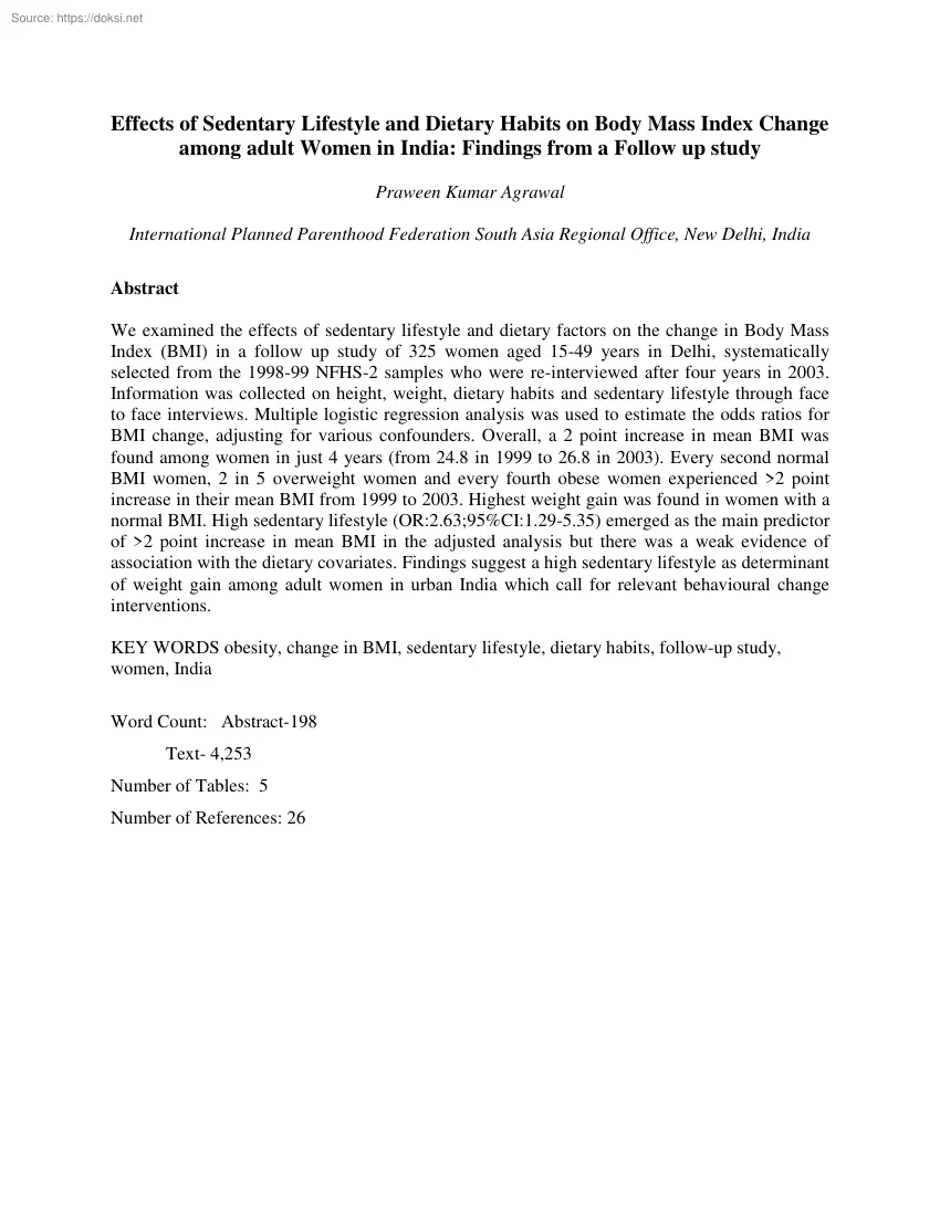 Praween Kumar Agrawal - Effects of Sedentary Lifestyle and Dietary Habits on Body Mass Index Change