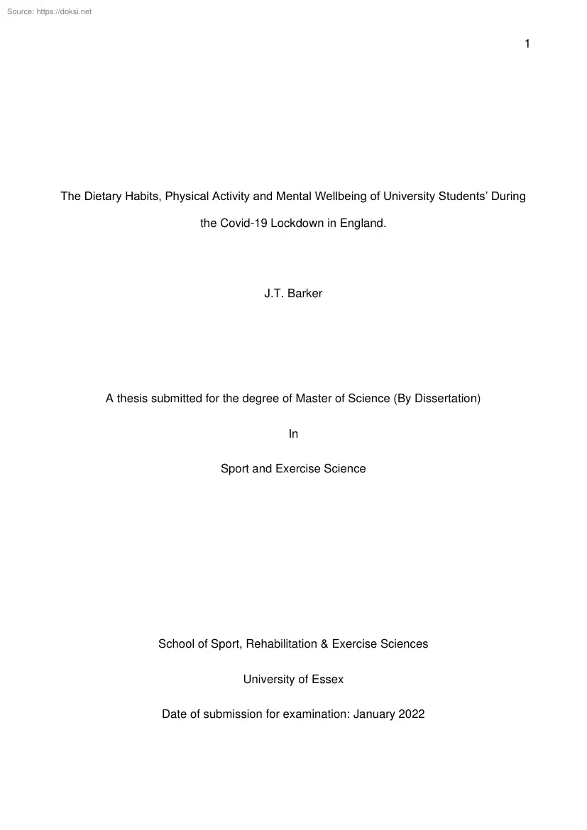 J. T. Barker - The Dietary Habits, Physical Activity and Mental Wellbeing of University Students