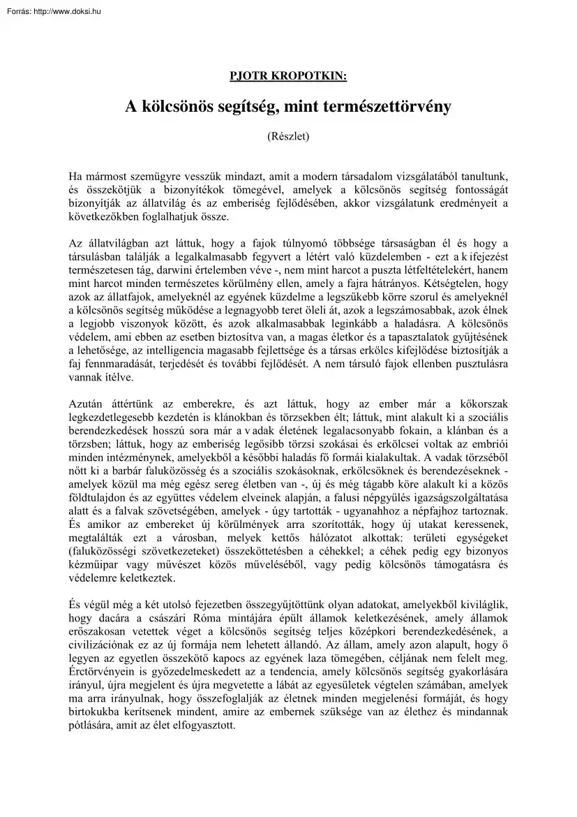Pjotr Kropotkin - A kölcsönös segítség, mint természettörvény