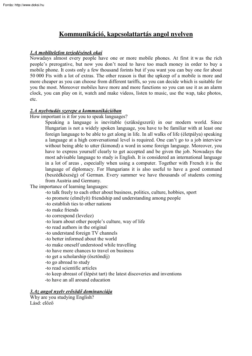 Kommunikáció, kapcsolattartás angol nyelven