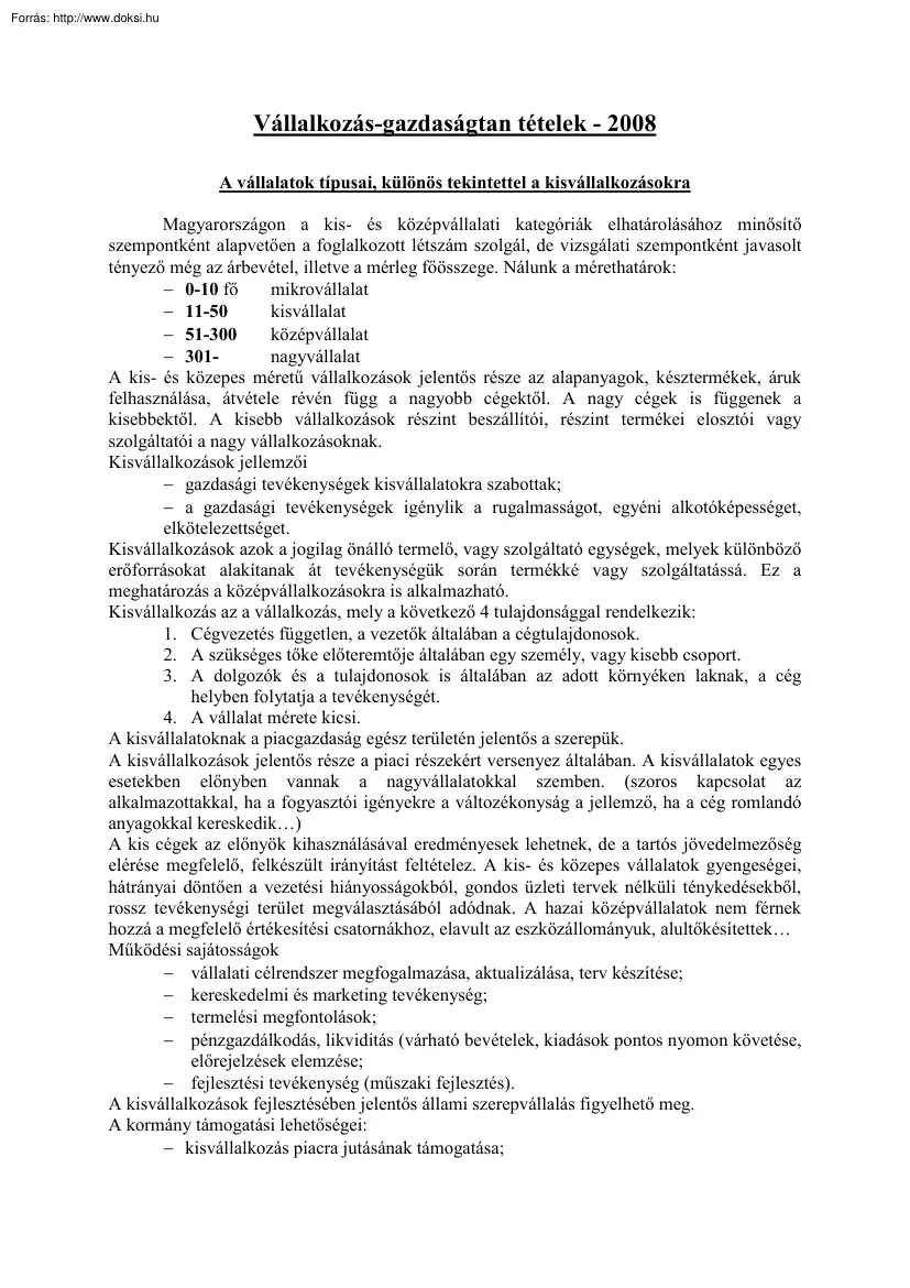 Vállalkozás-gazdaságtan tételek, 2008