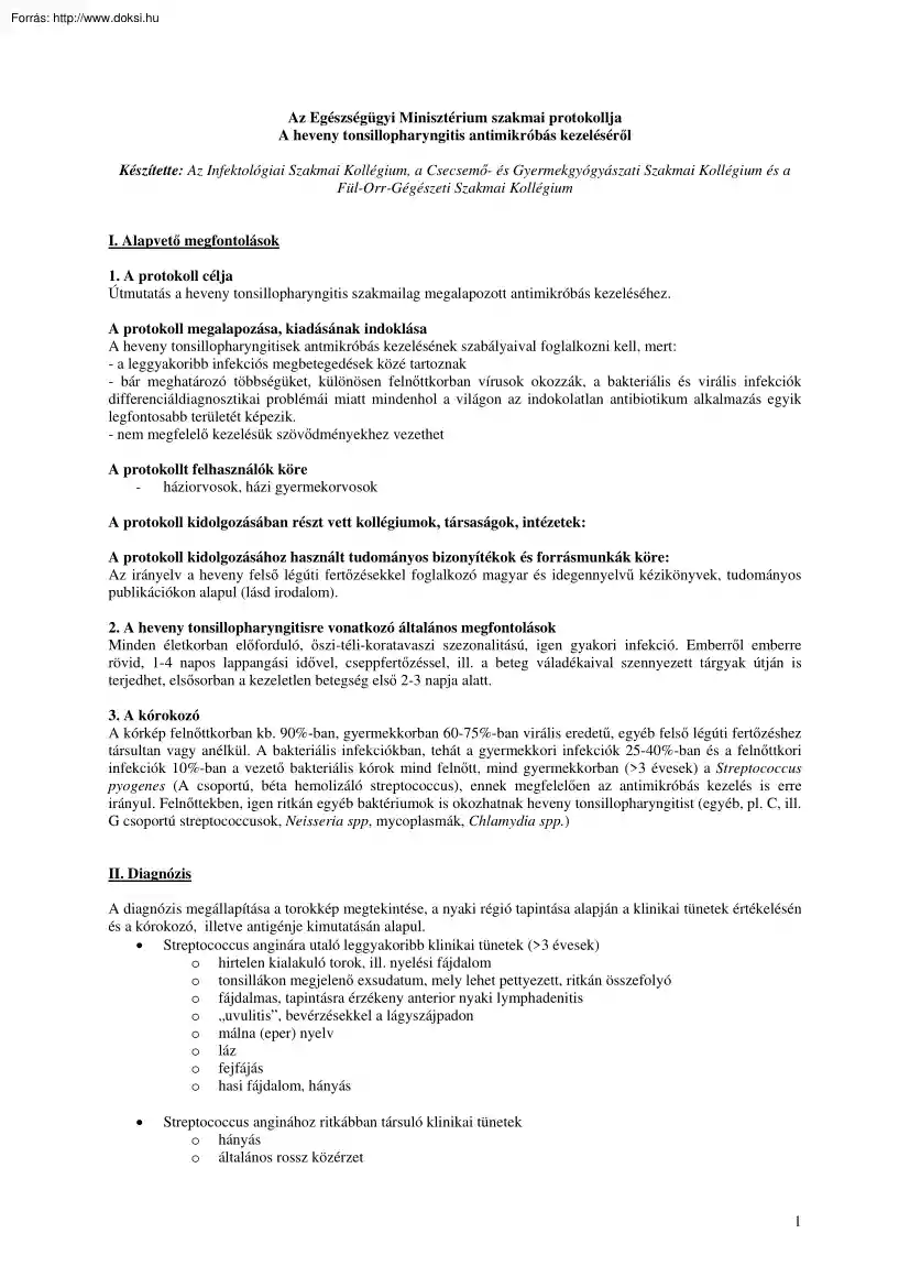 Az Egészségügyi Minisztérium szakmai protokollja a heveny tonsillopharyngitis antimikróbás kezeléséről
