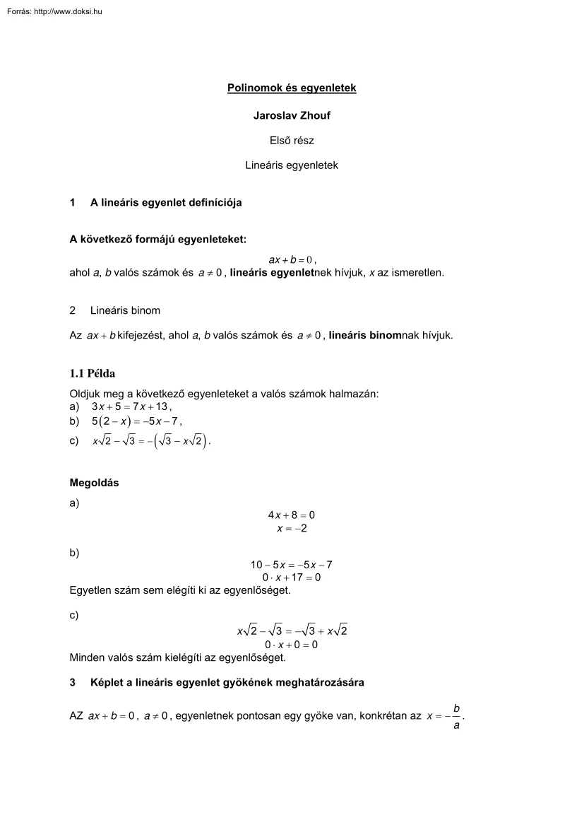 Jaroslav Zhouf - Polinomok és egyenletek