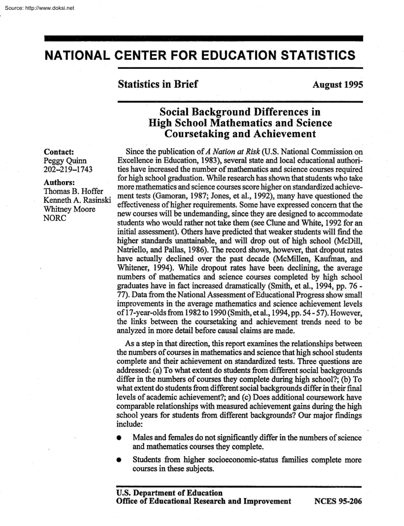 Hoffer-Rasinski-Moore - Social Background, Differences in High School Mathematics and Science Coursetaking and Achievement