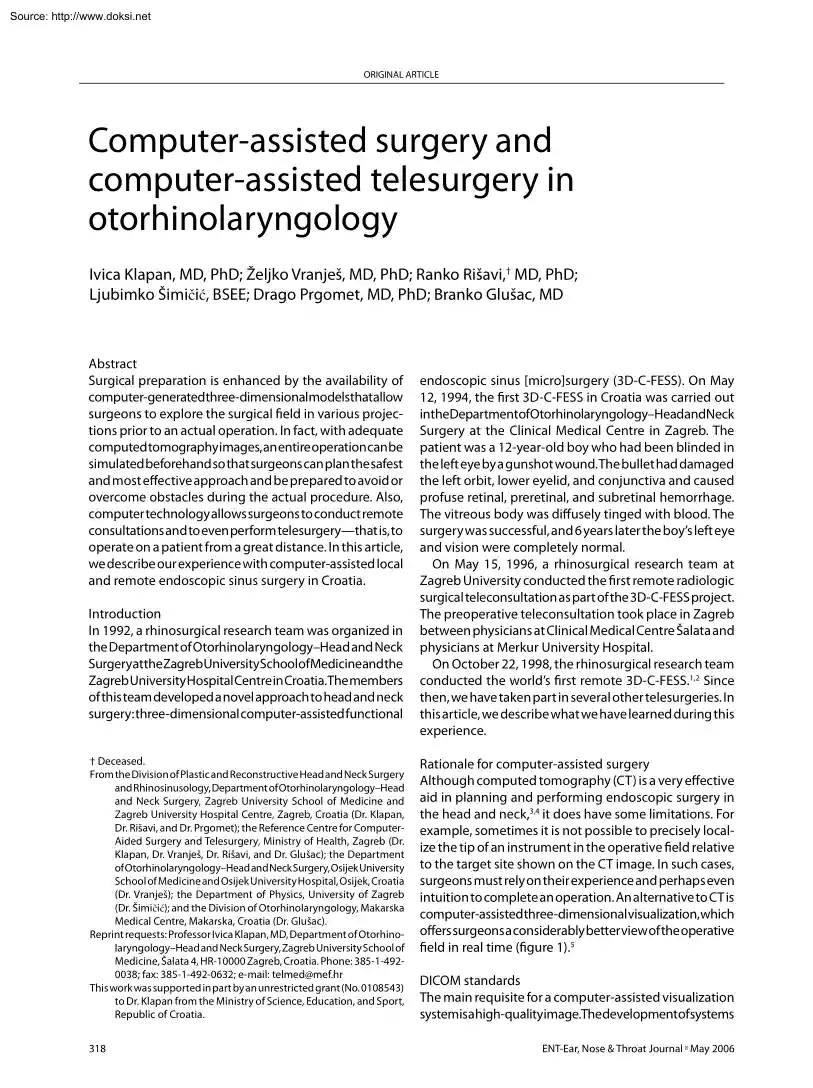 Klapan-Vranjes-Risavi - Computer Assisted Surgery and Computer Assisted Telesurgery in Otorhinolaryngology
