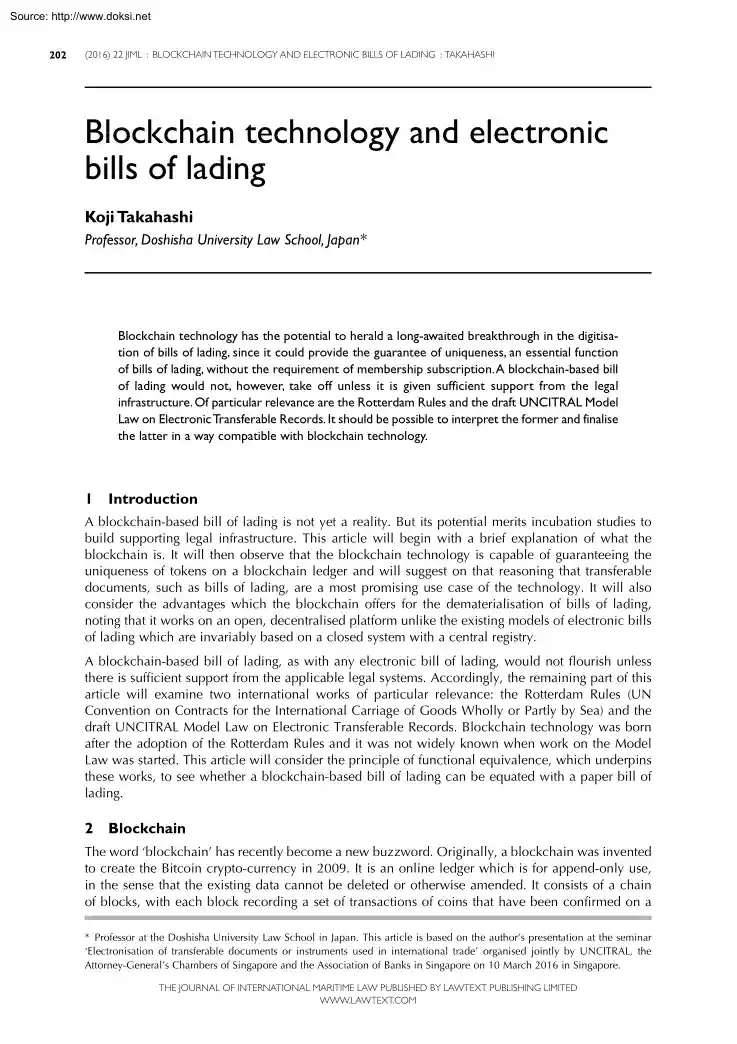 Koji Takahashi - Blockchain Technology and Electronic Bills of Lading
