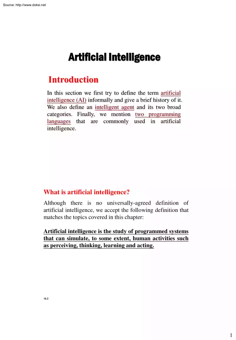 Artificial Intelligence, Introduction