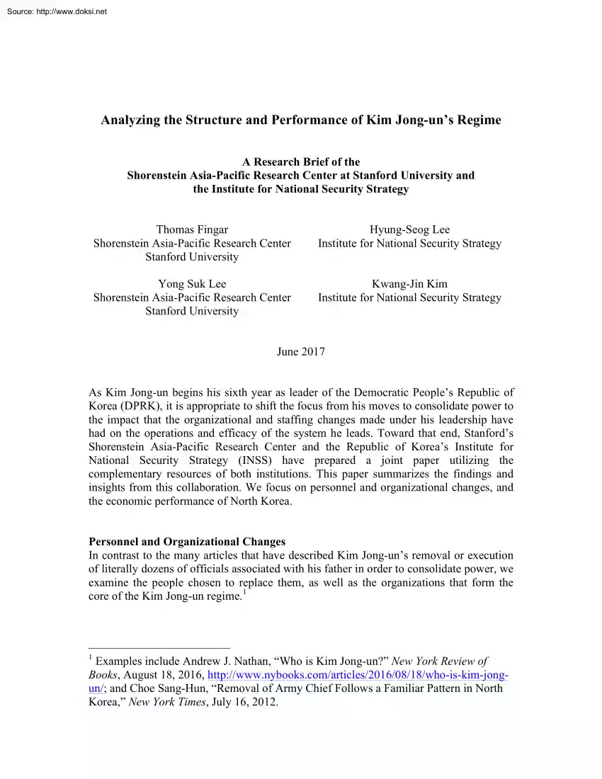 Fingar-Lee-Kim - Analyzing the Structure and Performance of Kim Jong Uns Regime
