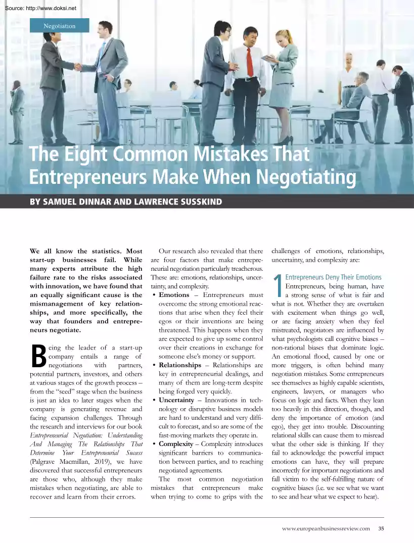 Dinnar-Susskind - The Eight Common Mistakes That Entrepreneurs Make When Negotiating