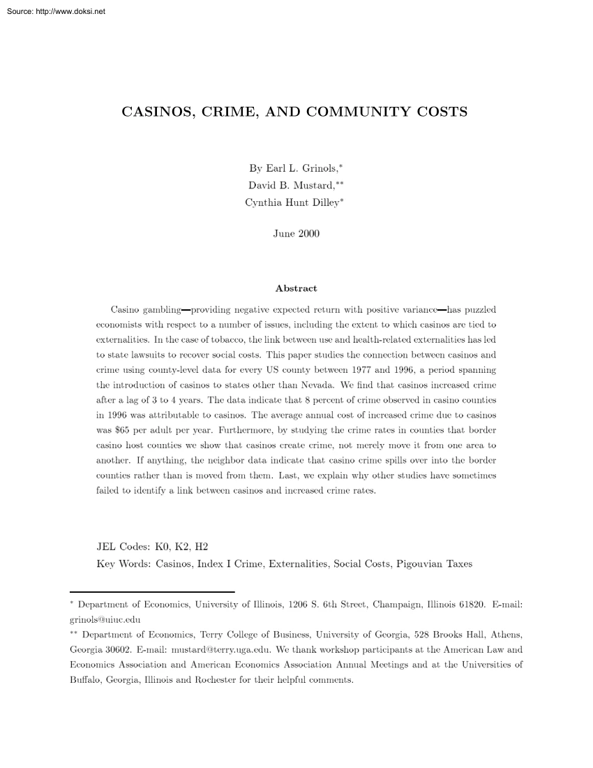 Grinols-Mustard - Casinos, Crime and Community Costs