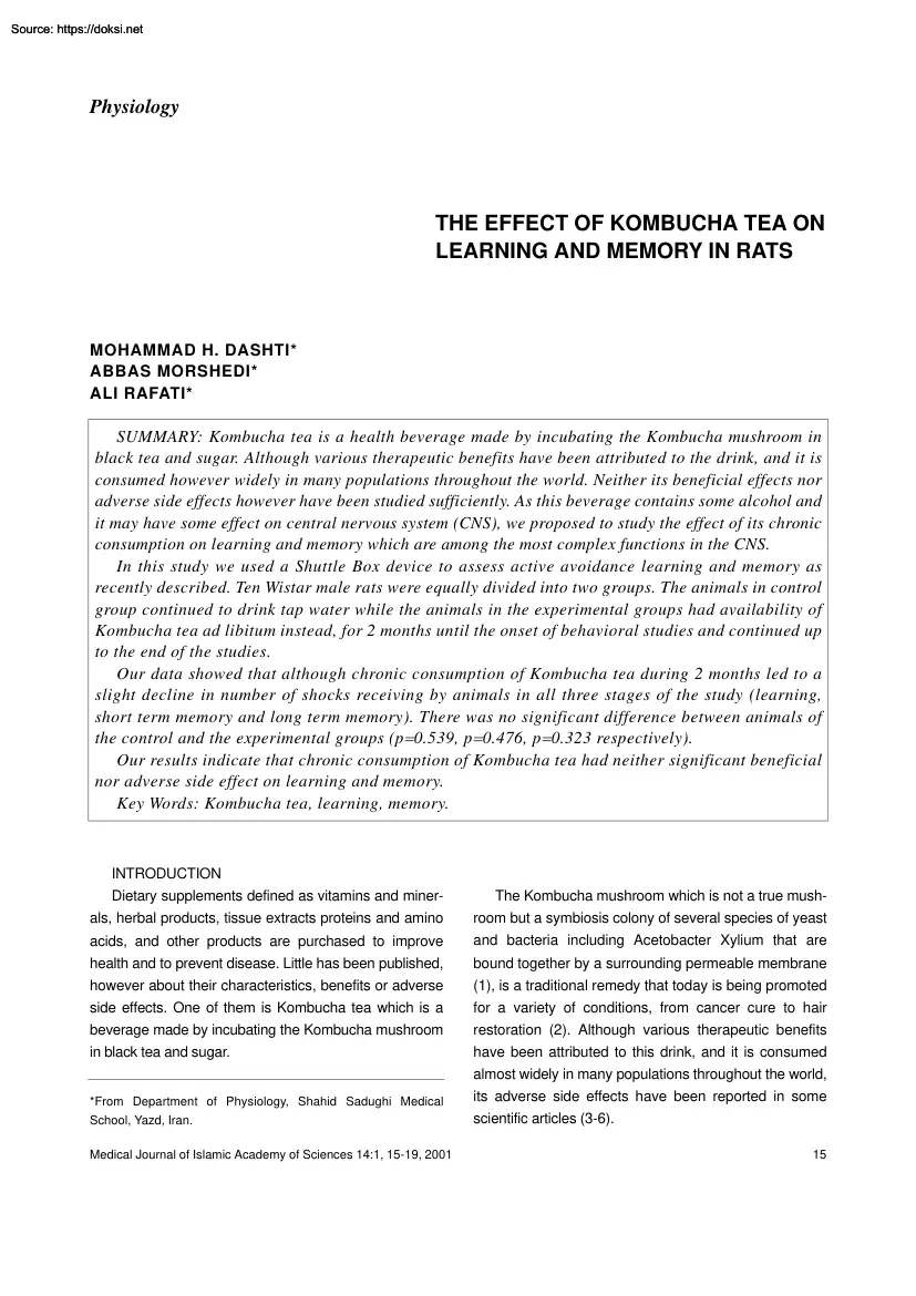 The effect of kombucha tea on learning and memory in rats