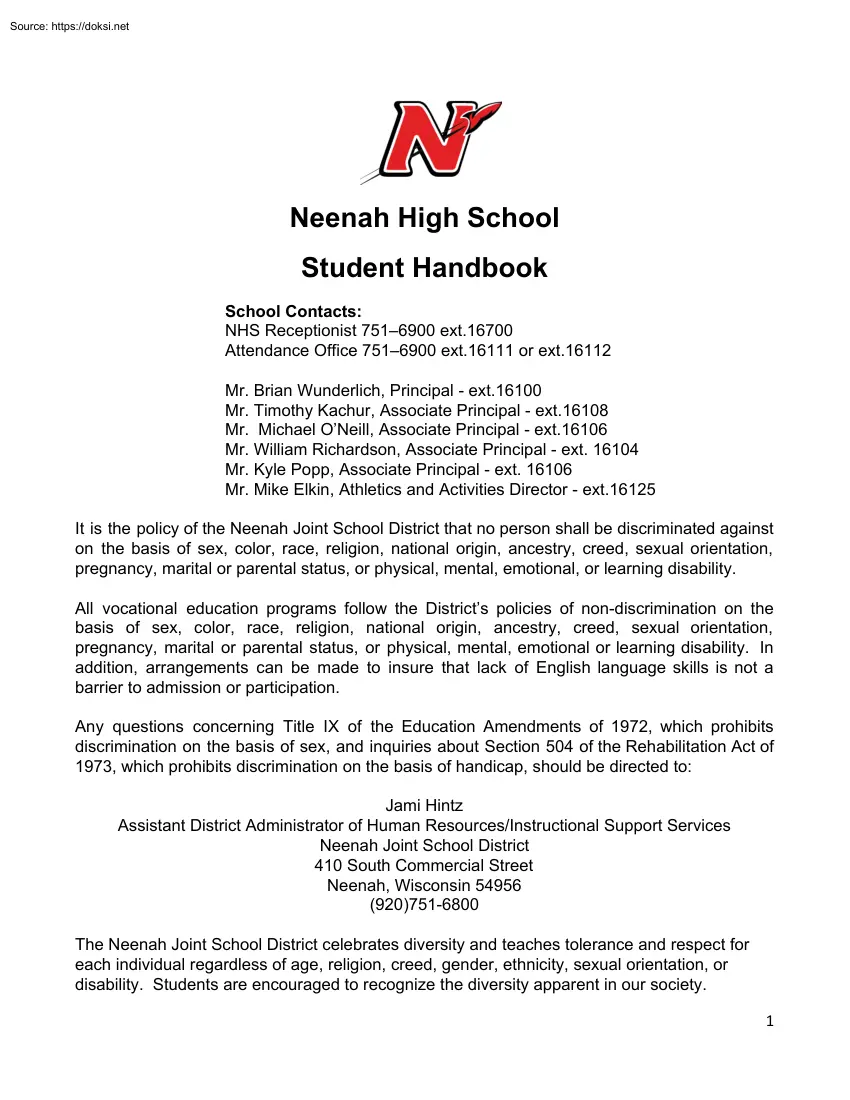 Neenah High School, Student Handbook
