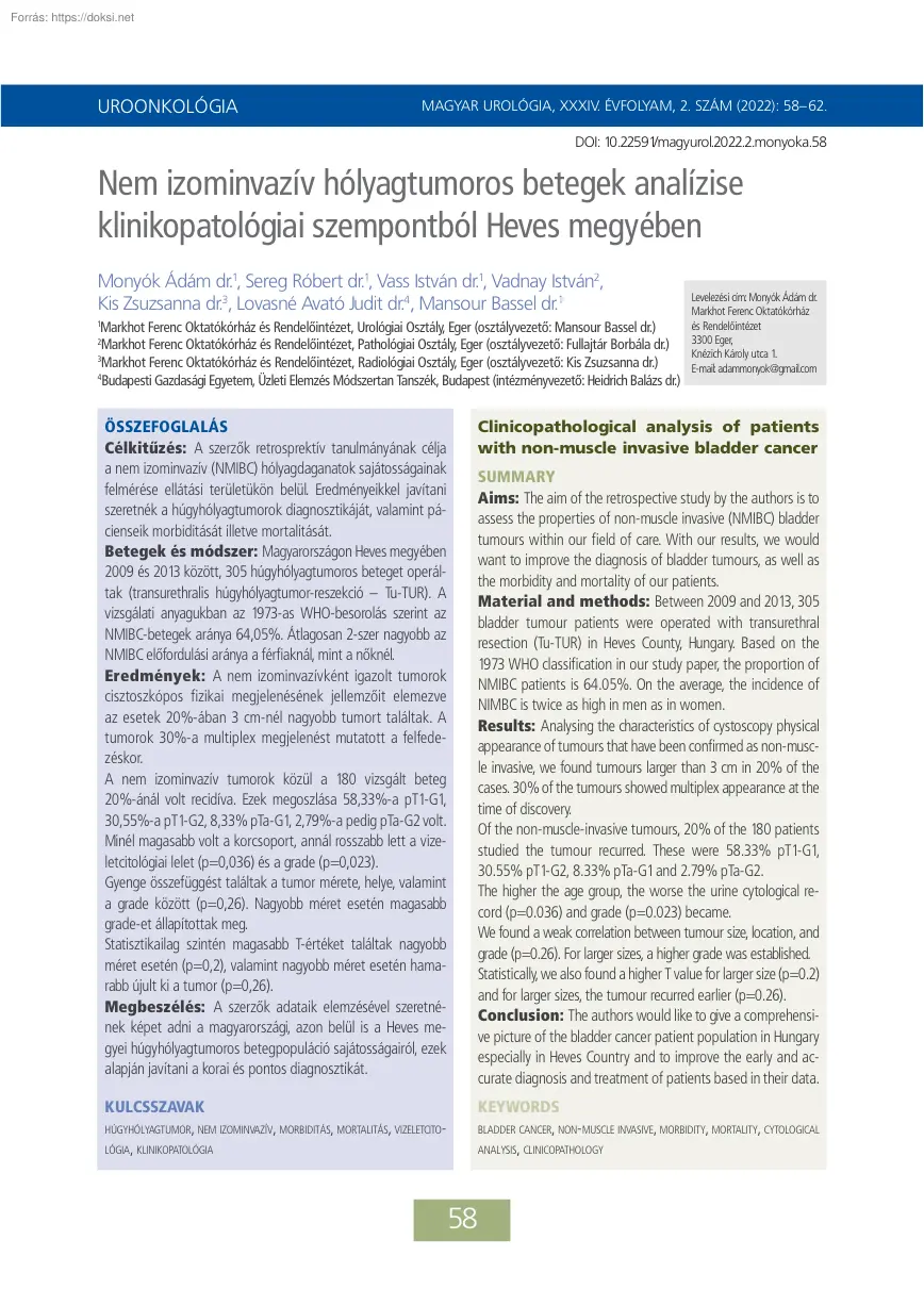 Nem izominvazív hólyagtumoros betegek analízise klinikopatológiai szempontból Heves megyében