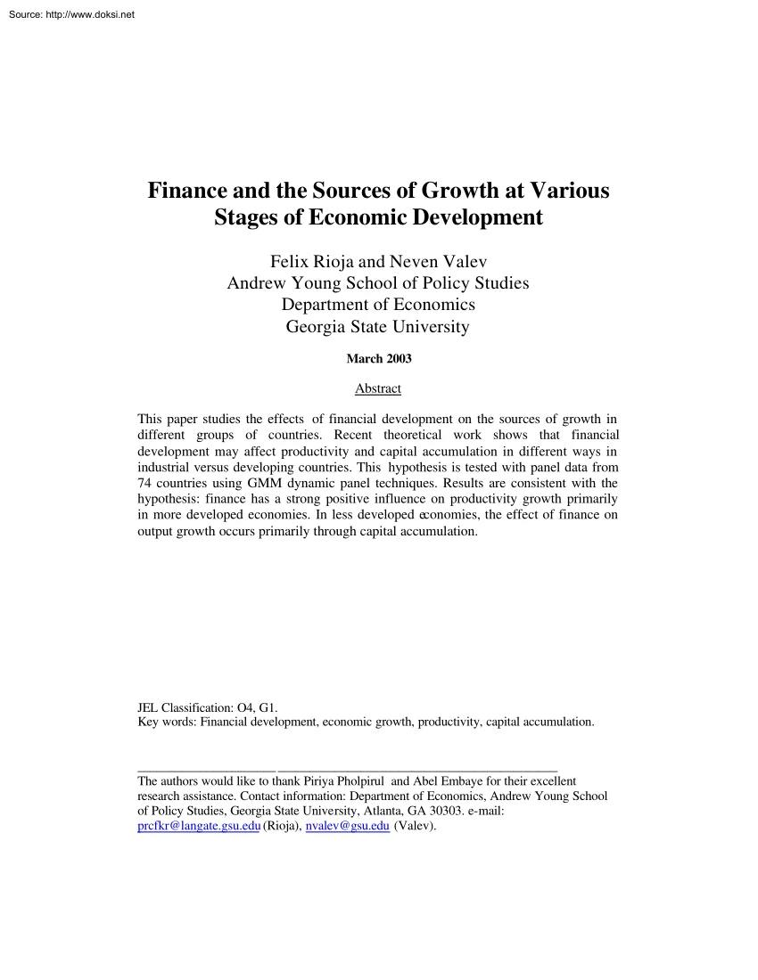 Rioja-Valev - Finance and the Sources of Growth at Various Stages of Economic Development
