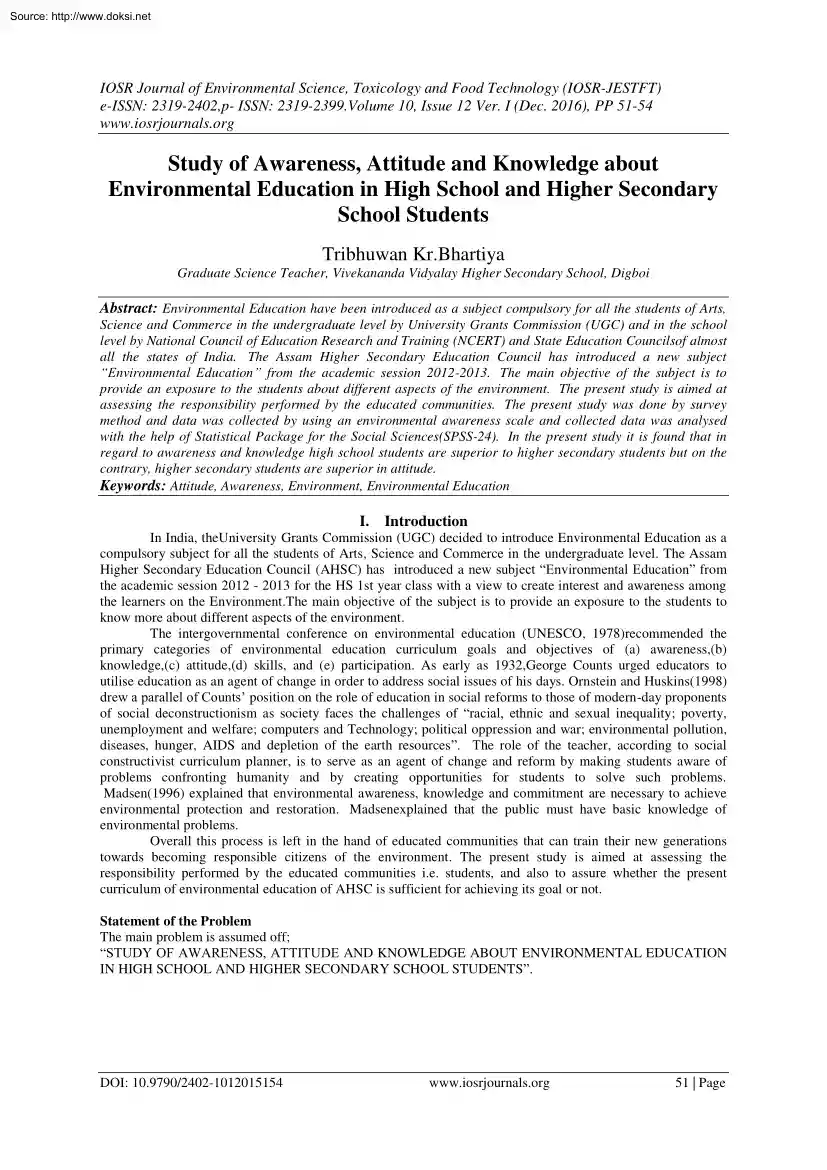 Tribhuwan Kr.Bhartiya - Study of Awareness, Attitude and Knowledge about Environmental Education in High School