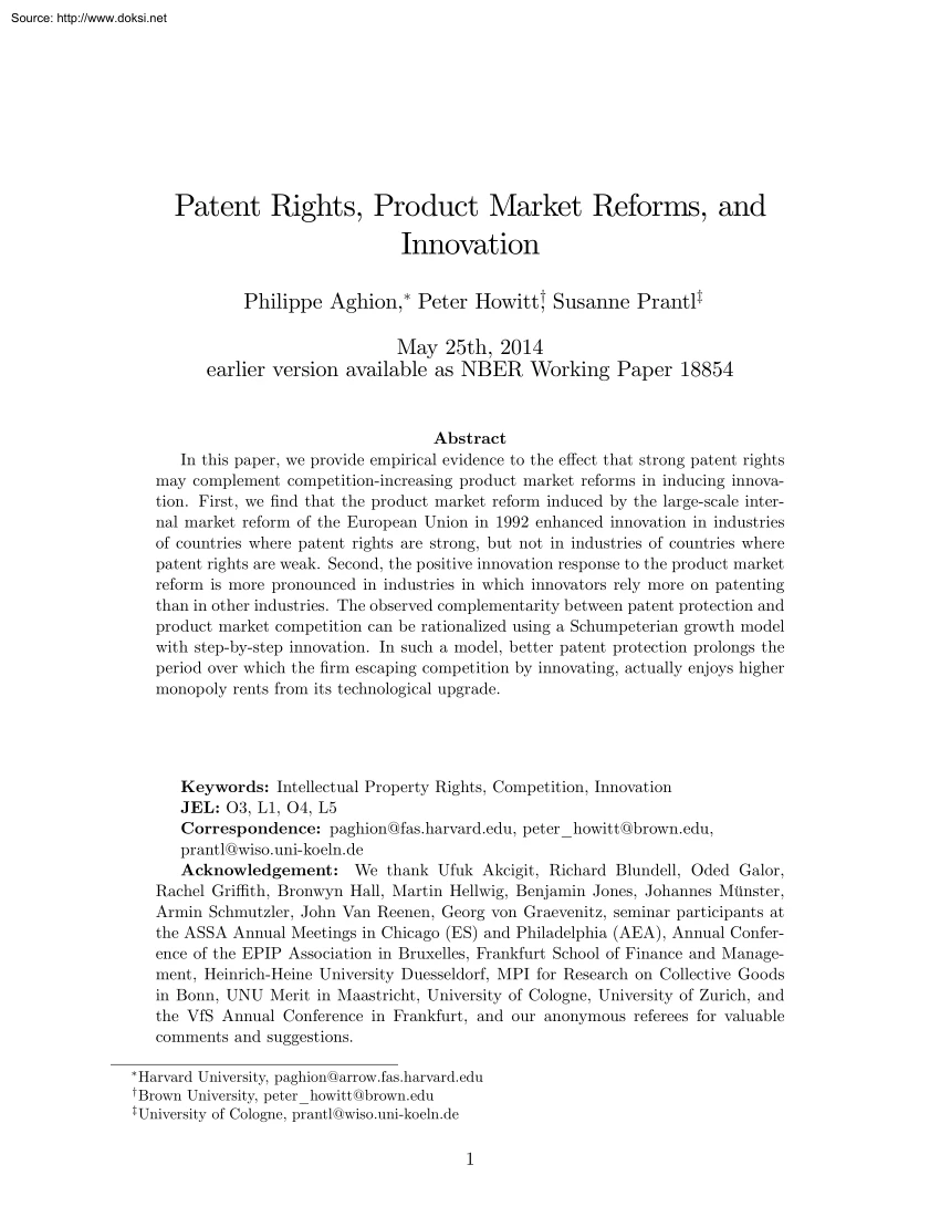 Aghion-Howitt-Prantl - Patent Rights, Product Market Reforms, and Innovation