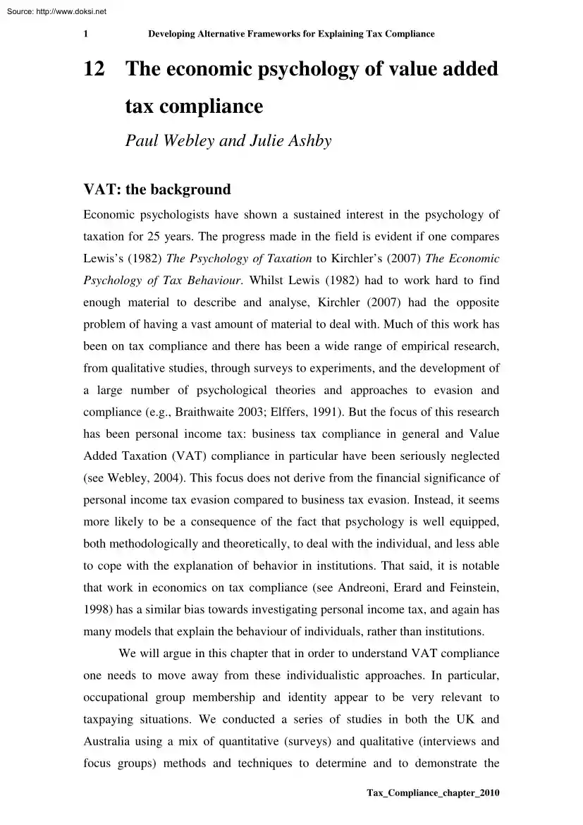 Webley-Ashby - The Economic Psychology of Value Added Tax Compliance