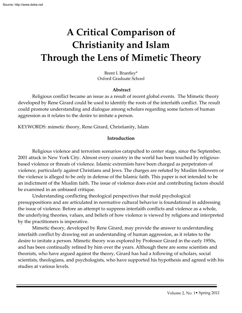 Brent I. Brantley - A Critical Comparison of Christianity and Islam Through the Lens of Mimetic Theory