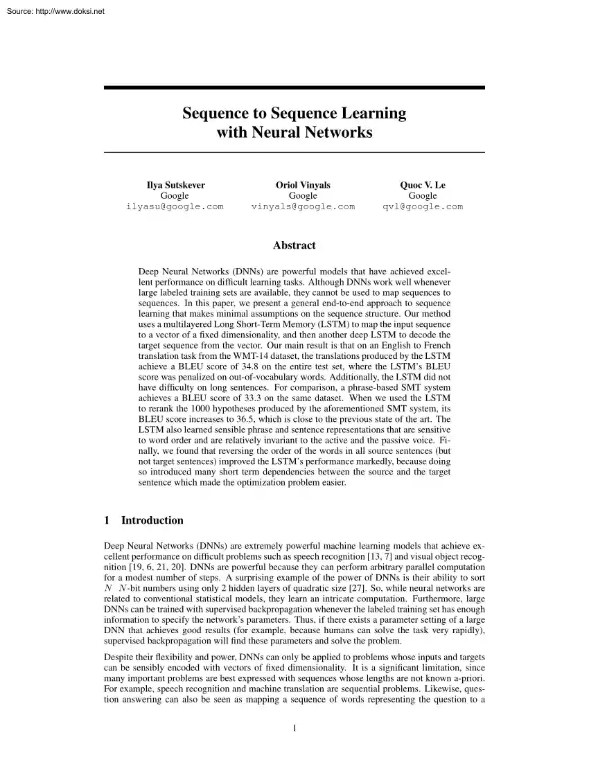 Sutskever-Vinyals-Le - Sequence to Sequence Learning with Neural Networks