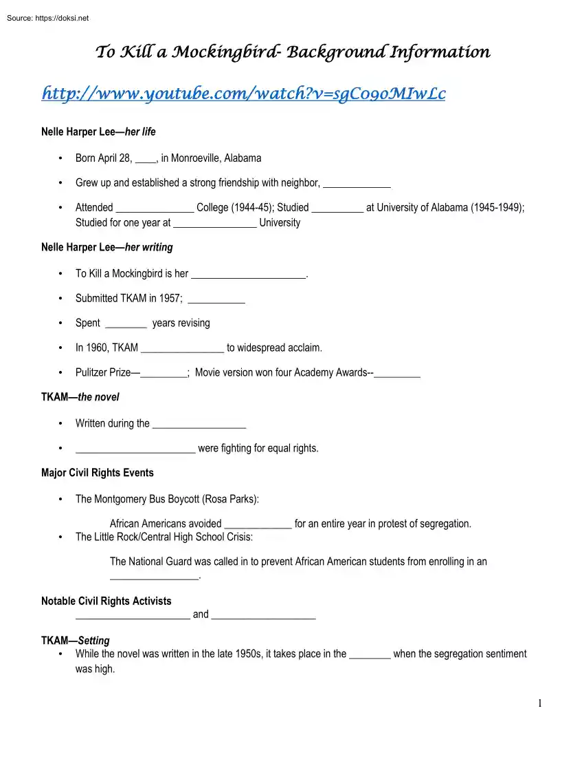 To Kill a Mockingbird, Background Information