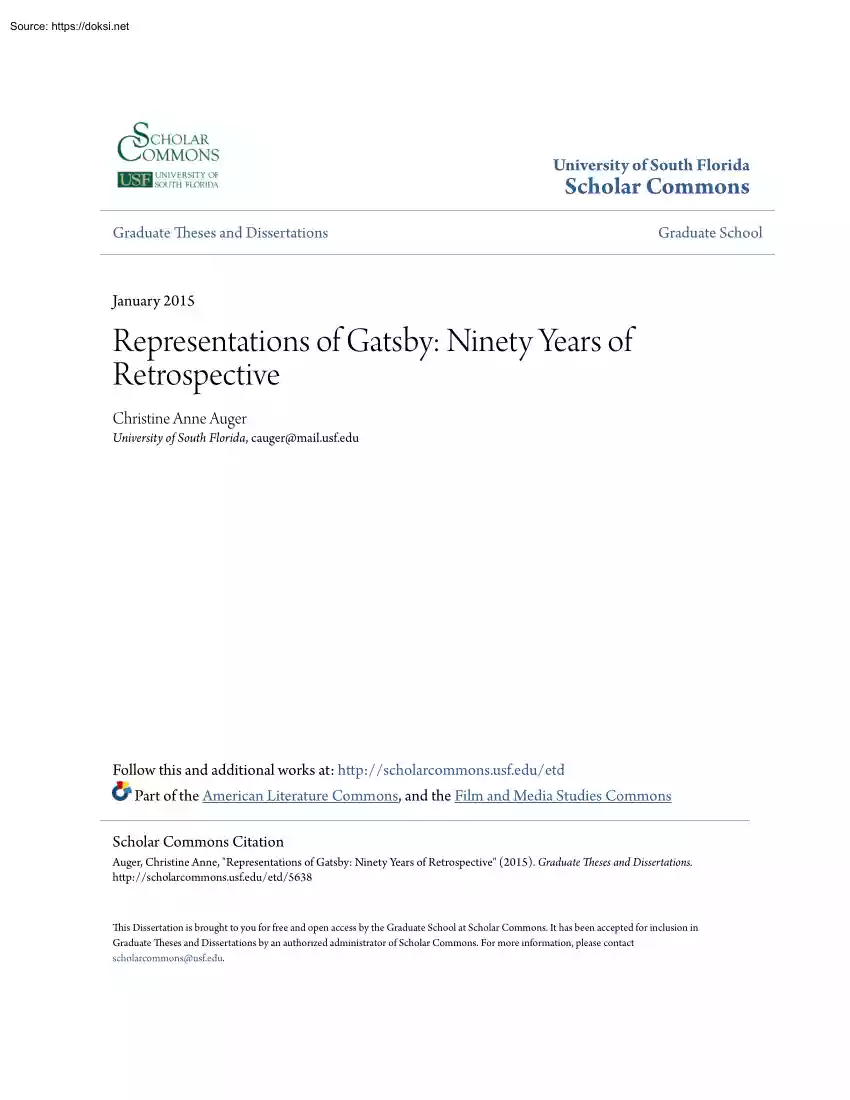 Christine Anne Auger - Representations of Gatsby, Ninety Years of Retrospective