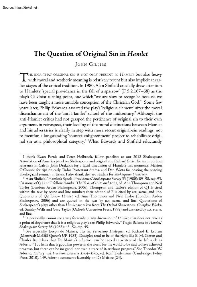 John Gillies - The Question of Original Sin in Hamlet