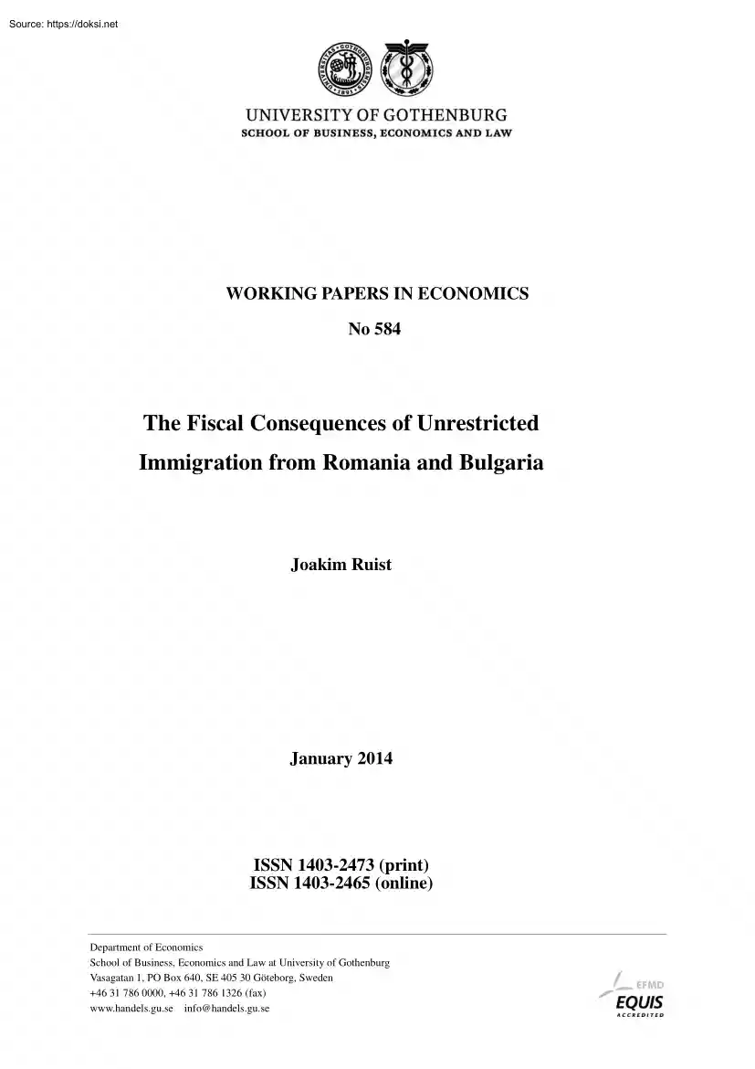Joakim Ruist - The Fiscal Consequences of Unrestricted Immigration from Romania and Bulgaria