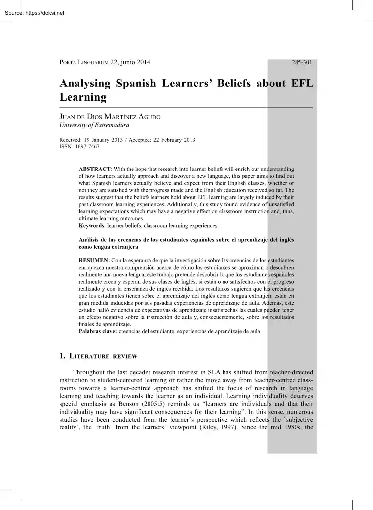 Analysing Spanish Learners Beliefs about EFL Learning