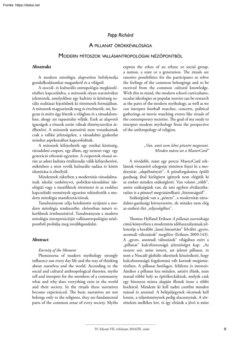 Papp Richárd - A pillanat örökkévalósága, Modern mítoszok vallásantropológiai