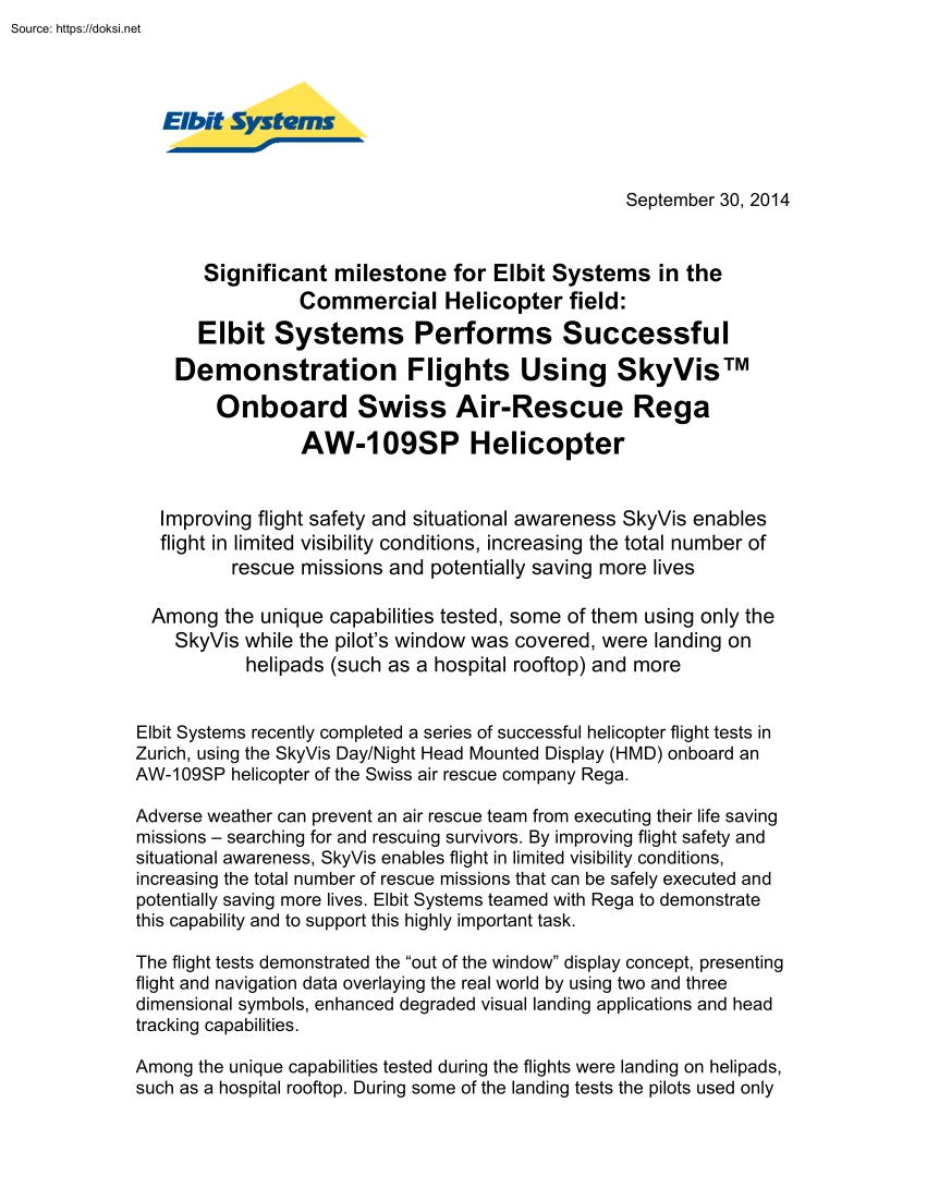 Elbit Systems Performs Successful Demonstration Flights Using SkyVis Onboard Swiss Air-Rescue Rega AW-109SP Helicopter