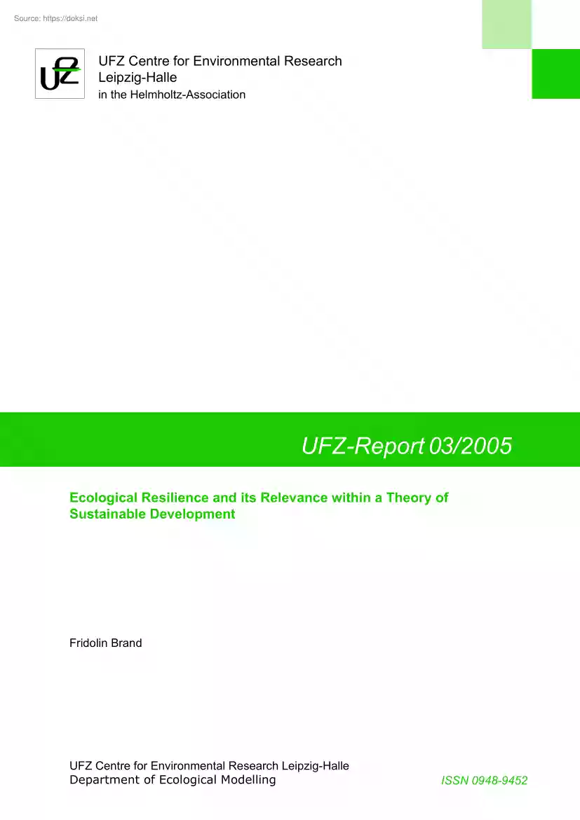 Fridolin Brand - Ecological Resilience and its Relevance within a Theory of Sustainable Development