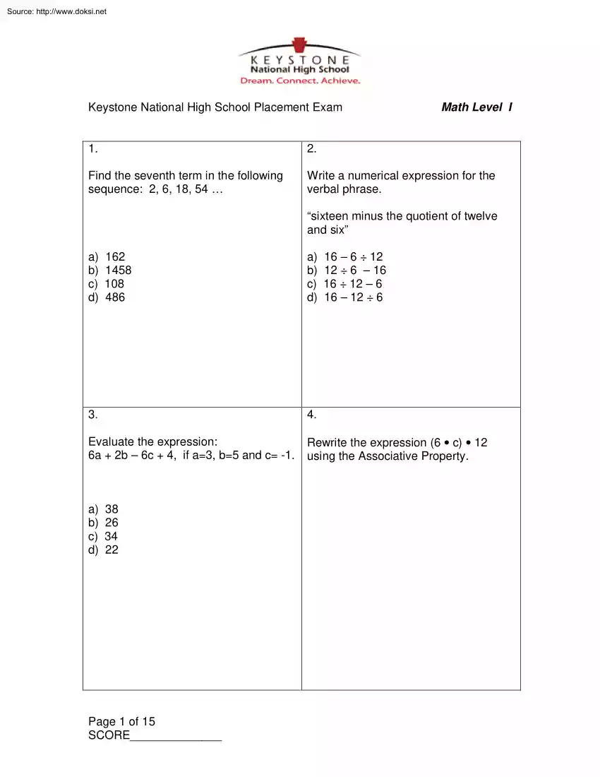 Keystone National High School Placement Exam, Math Level I.