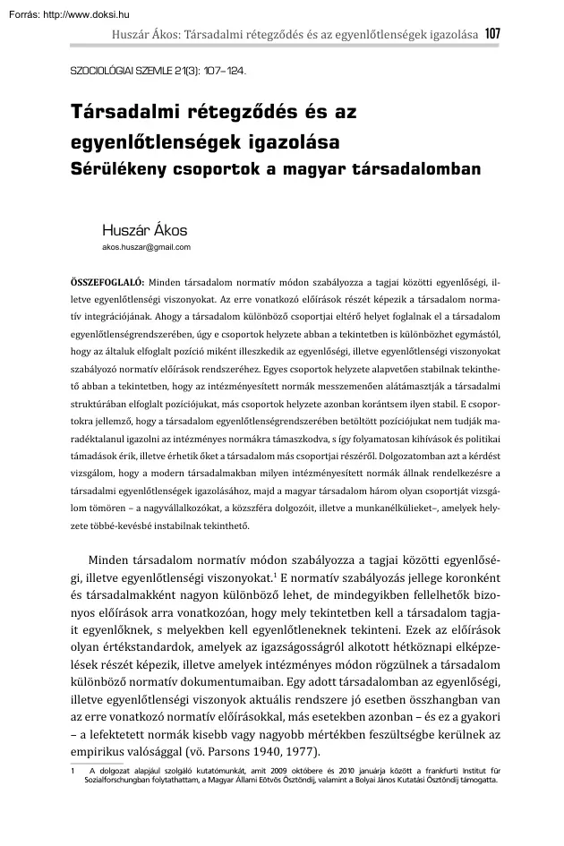 Huszár Ákos - Társadalmi rétegződés és az egyenlőtlenségek igazolása