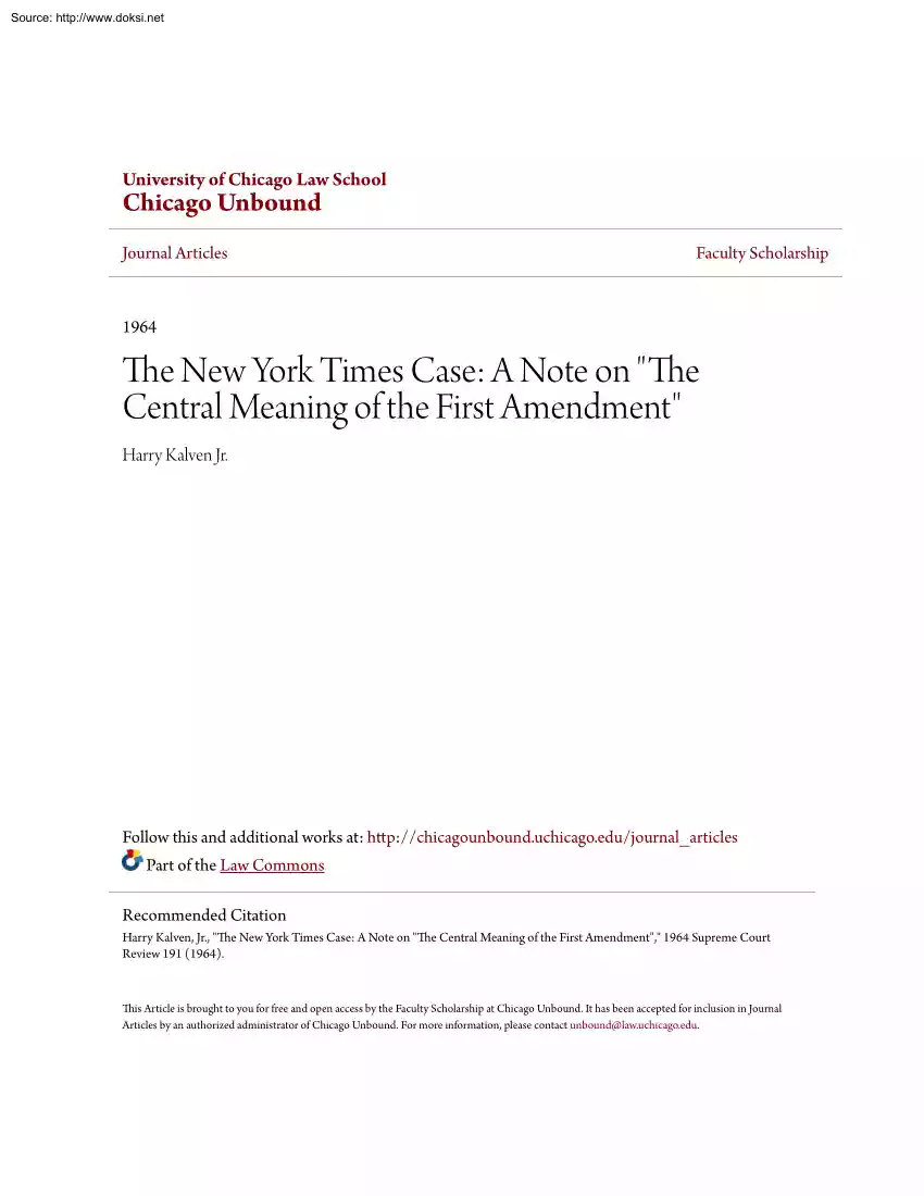 Harry Kalven Jr - The New York Times Case, A Note on The Central Meaning of the First Amendment