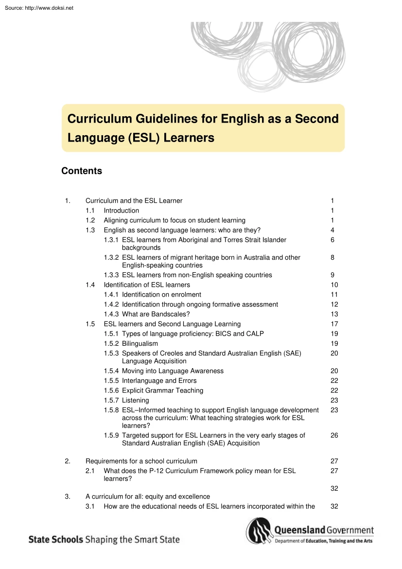 Curriculum Guidelines for English as a Second Language, ESL, Learners
