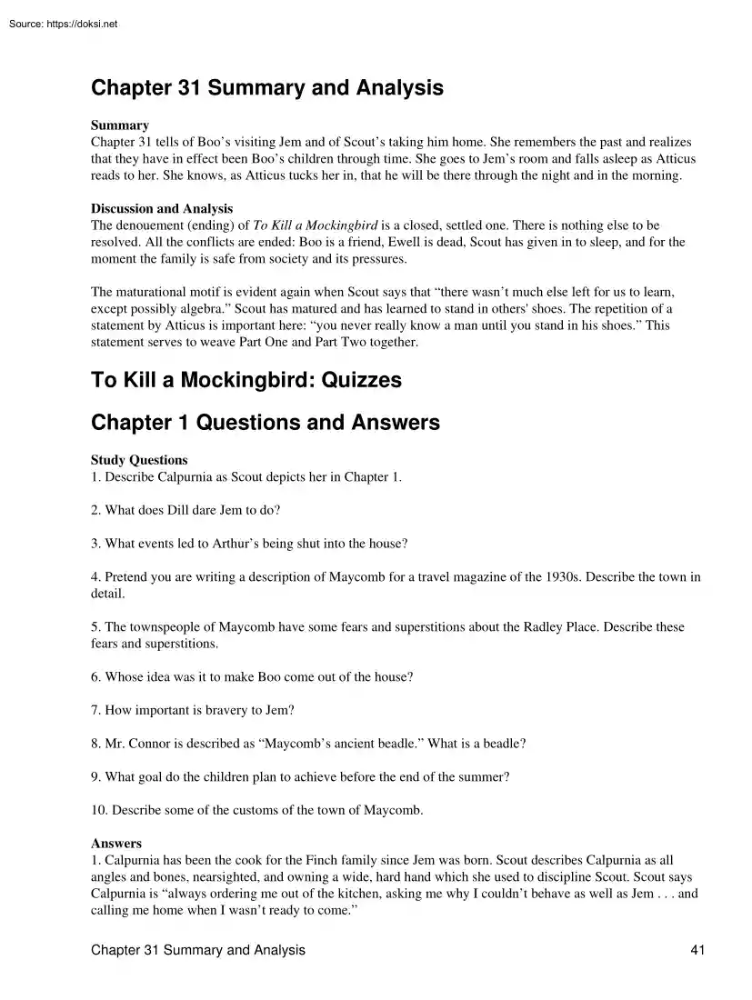 To Kill a Mockingbird, Chapter Summary and Analysis