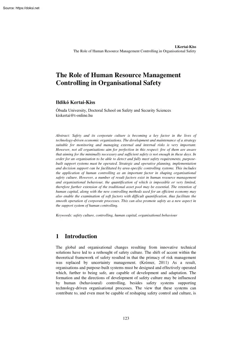 Kertai-Kiss - The Role of Human Resource Management Controlling in Organisational Safety